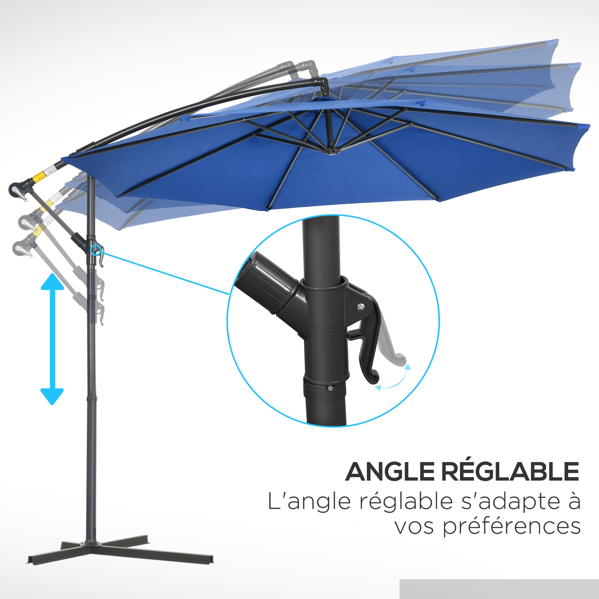 Offset Octagonal Foldable 3m Diameter Garden Umbrella with Cross Base in Blue