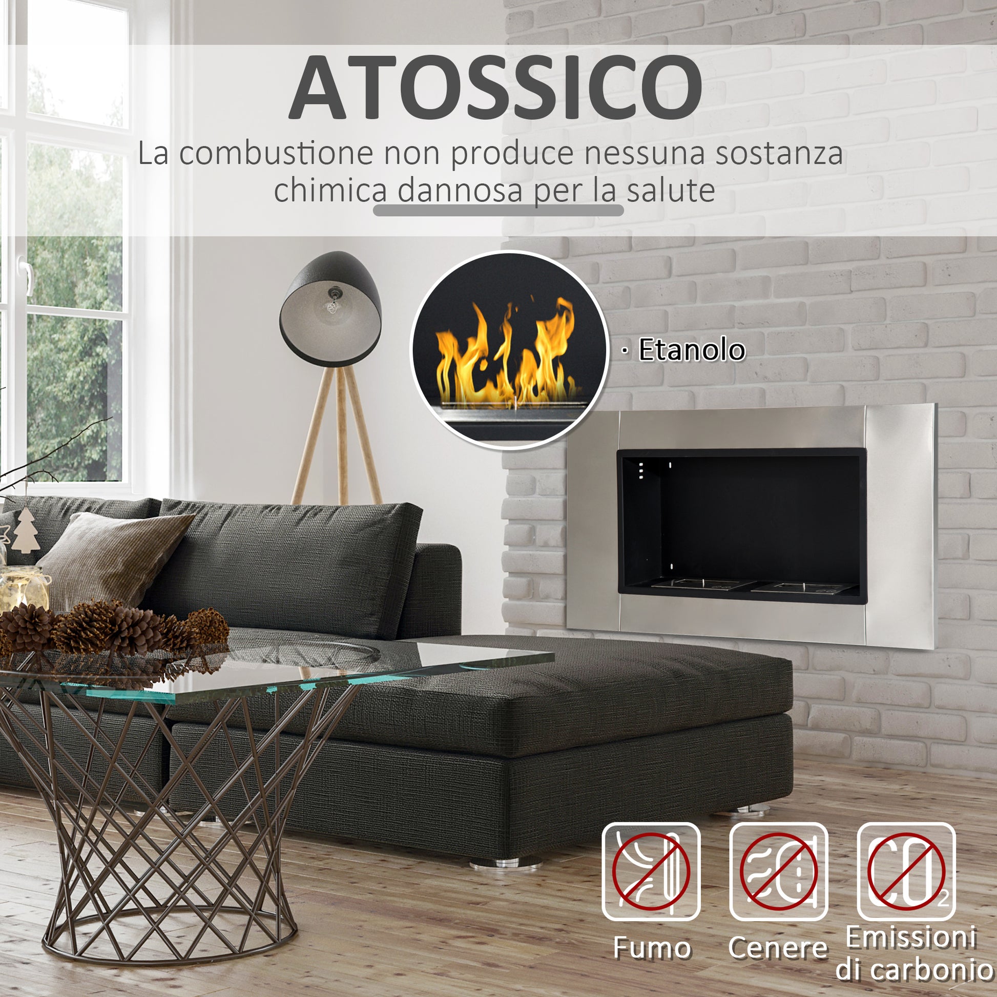 Wall-Mounted Bioethanol Fireplace with 2 Burners 3L Capacity 13600BTU 110 x 54 x 14.5cm