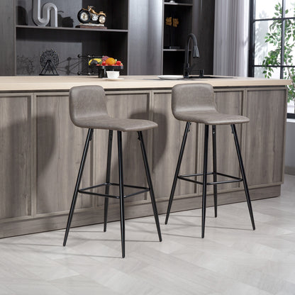 Set of 2 Bar Stools with Low Backrest, High Chairs with Footrest, PU Coating, and Steel Legs, for Living Room, Dining Room, and Bar, Dark Brown