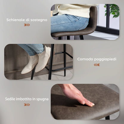 Set of 2 Bar Stools with Low Backrest, High Chairs with Footrest, PU Coating, and Steel Legs, for Living Room, Dining Room, and Bar, Dark Brown