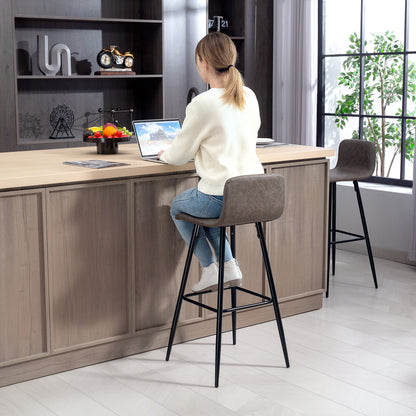 Set of 2 Bar Stools with Low Backrest, High Chairs with Footrest, PU Coating, and Steel Legs, for Living Room, Dining Room, and Bar, Dark Brown