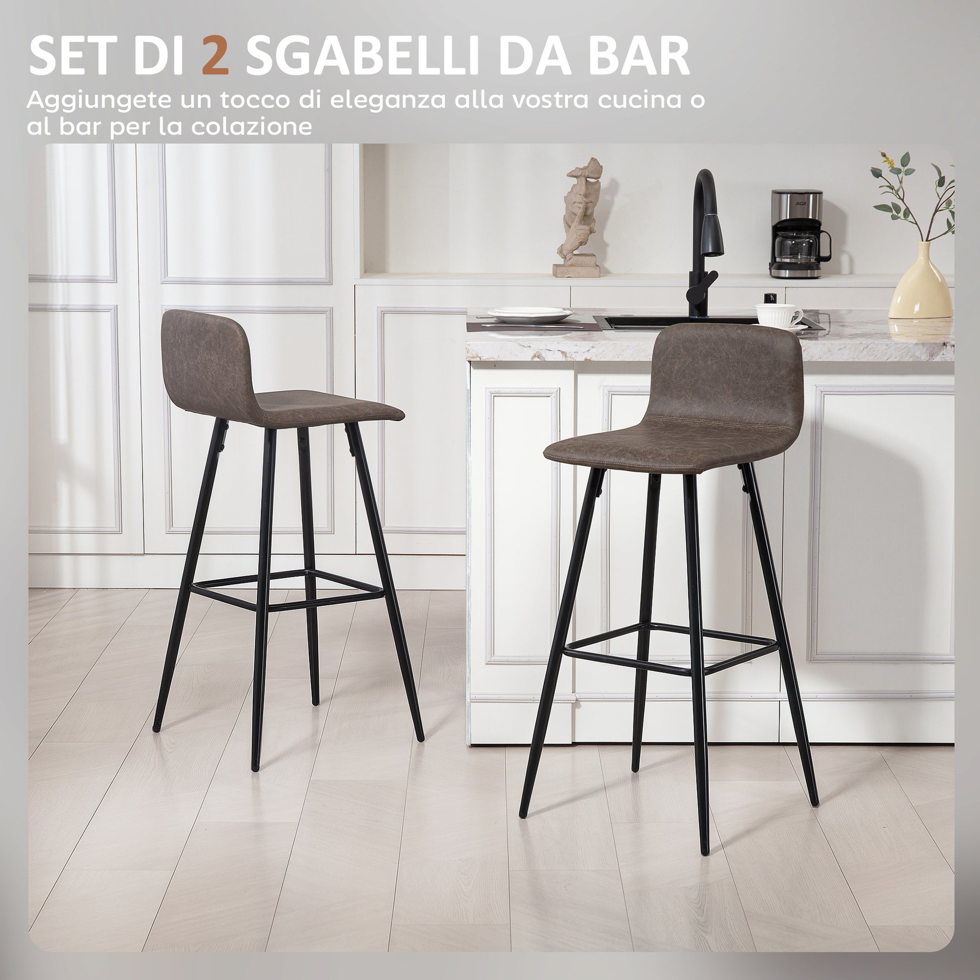 Set of 2 Bar Stools with Low Backrest, High Chairs with Footrest, PU Coating, and Steel Legs, for Living Room, Dining Room, and Bar, Dark Brown