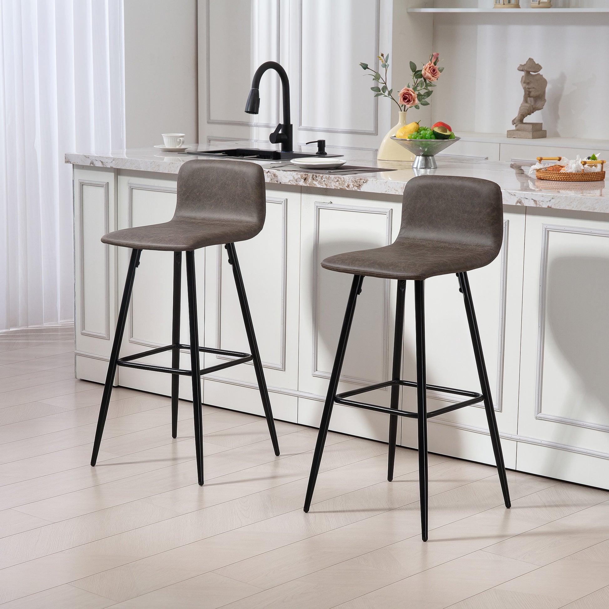 Set of 2 Bar Stools with Low Backrest, High Chairs with Footrest, PU Coating, and Steel Legs, for Living Room, Dining Room, and Bar, Dark Brown