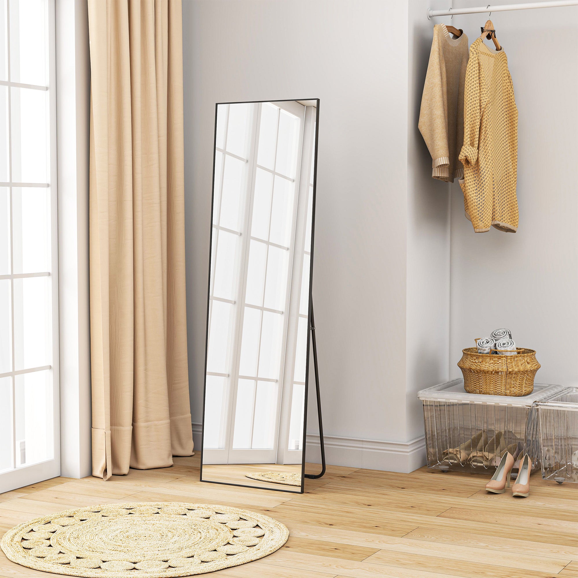 Full Length Wall or Freestanding Mirror with Tempered Glass, Modern Mirror with Metal Frame and Aluminum Alloy for Living Room, Bedroom, and Entryway, 50x2x161.5 cm, Black