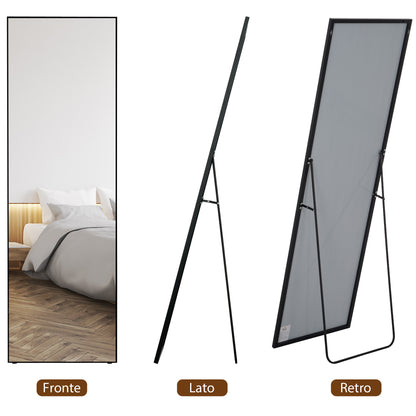 Full Length Wall or Freestanding Mirror with Tempered Glass, Modern Mirror with Metal Frame and Aluminum Alloy for Living Room, Bedroom, and Entryway, 50x2x161.5 cm, Black