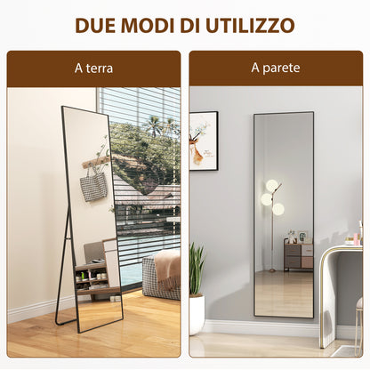 Full Length Wall or Freestanding Mirror with Tempered Glass, Modern Mirror with Metal Frame and Aluminum Alloy for Living Room, Bedroom, and Entryway, 50x2x161.5 cm, Black