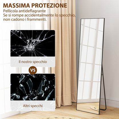 Full Length Wall or Freestanding Mirror with Tempered Glass, Modern Mirror with Metal Frame and Aluminum Alloy for Living Room, Bedroom, and Entryway, 50x2x161.5 cm, Black