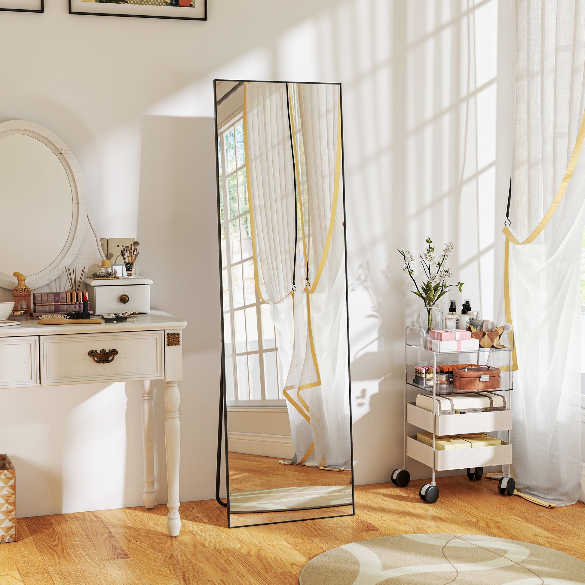 Full Length Wall or Freestanding Mirror with Tempered Glass, Modern Mirror with Metal Frame and Aluminum Alloy for Living Room, Bedroom, and Entryway, 50x2x161.5 cm, Black