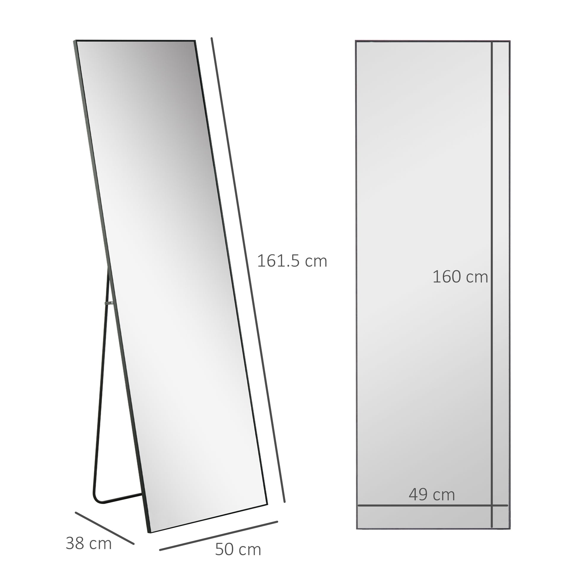 Full Length Wall or Freestanding Mirror with Tempered Glass, Modern Mirror with Metal Frame and Aluminum Alloy for Living Room, Bedroom, and Entryway, 50x2x161.5 cm, Black