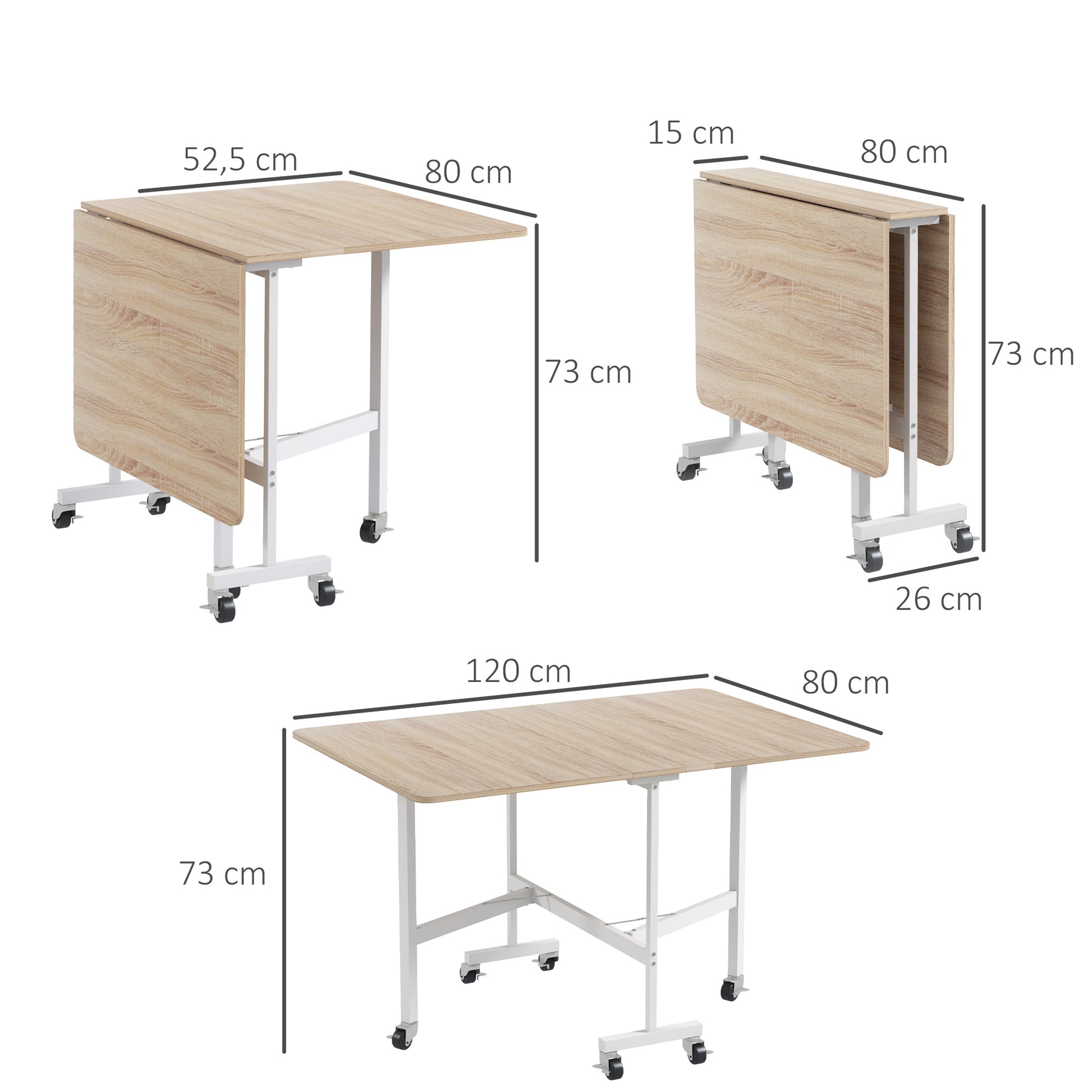Dining Table, Folding Kitchen Table with Wheels, Steel Legs, Folding Table for 4-6 People, Dining Table for Small Spaces, Kitchen, Dining Room, 120 x 80 x 73 cm, Oak