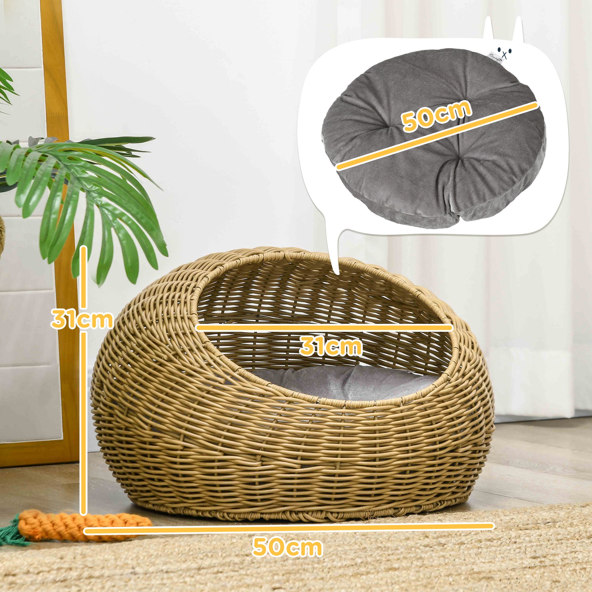 Rattan Cat Basket Cat House Cat Hut with Cushion for Cats up to 4 kg, Pet Bed Cat Cave, Indoor, PE Rattan, Ø50 x 31 cm, Light Brown