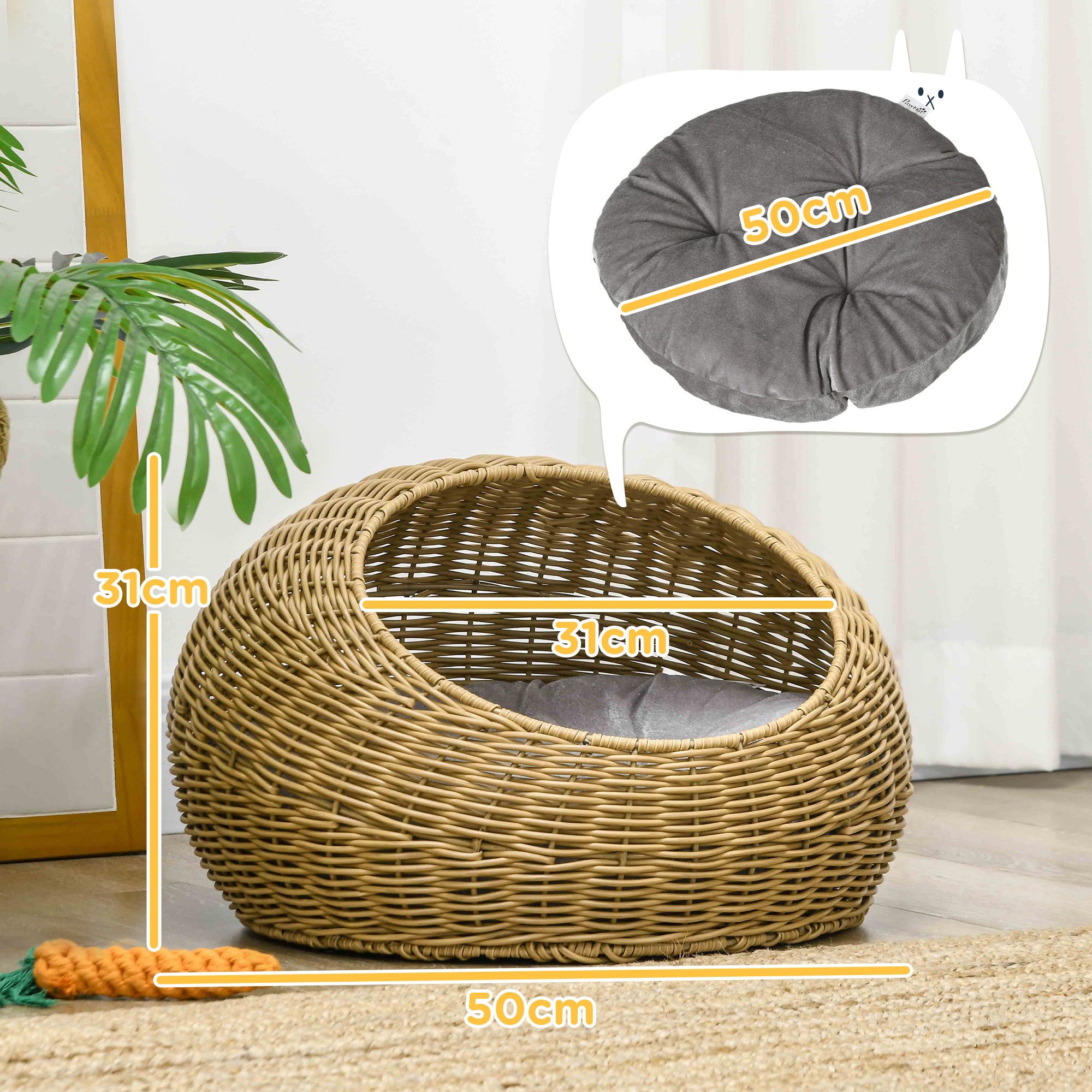 Rattan Cat Basket Cat House Cat Hut with Cushion for Cats up to 4 kg, Pet Bed Cat Cave, Indoor, PE Rattan, Ø50 x 31 cm, Light Brown