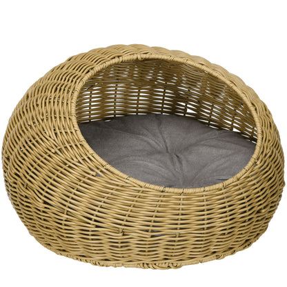 Rattan Cat Basket Cat House Cat Hut with Cushion for Cats up to 4 kg, Pet Bed Cat Cave, Indoor, PE Rattan, Ø50 x 31 cm, Light Brown