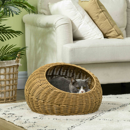 Rattan Cat Basket Cat House Cat Hut with Cushion for Cats up to 4 kg, Pet Bed Cat Cave, Indoor, PE Rattan, Ø50 x 31 cm, Light Brown
