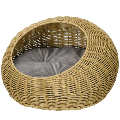 Rattan Cat Basket Cat House Cat Hut with Cushion for Cats up to 4 kg, Pet Bed Cat Cave, Indoor, PE Rattan, Ø50 x 31 cm, Light Brown
