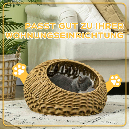 Rattan Cat Basket Cat House Cat Hut with Cushion for Cats up to 4 kg, Pet Bed Cat Cave, Indoor, PE Rattan, Ø50 x 31 cm, Light Brown