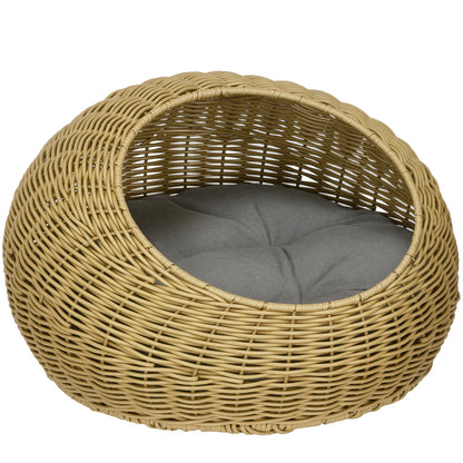Rattan Cat Basket Cat House Cat Hut with Cushion for Cats up to 4 kg, Pet Bed Cat Cave, Indoor, PE Rattan, Ø50 x 31 cm, Light Brown