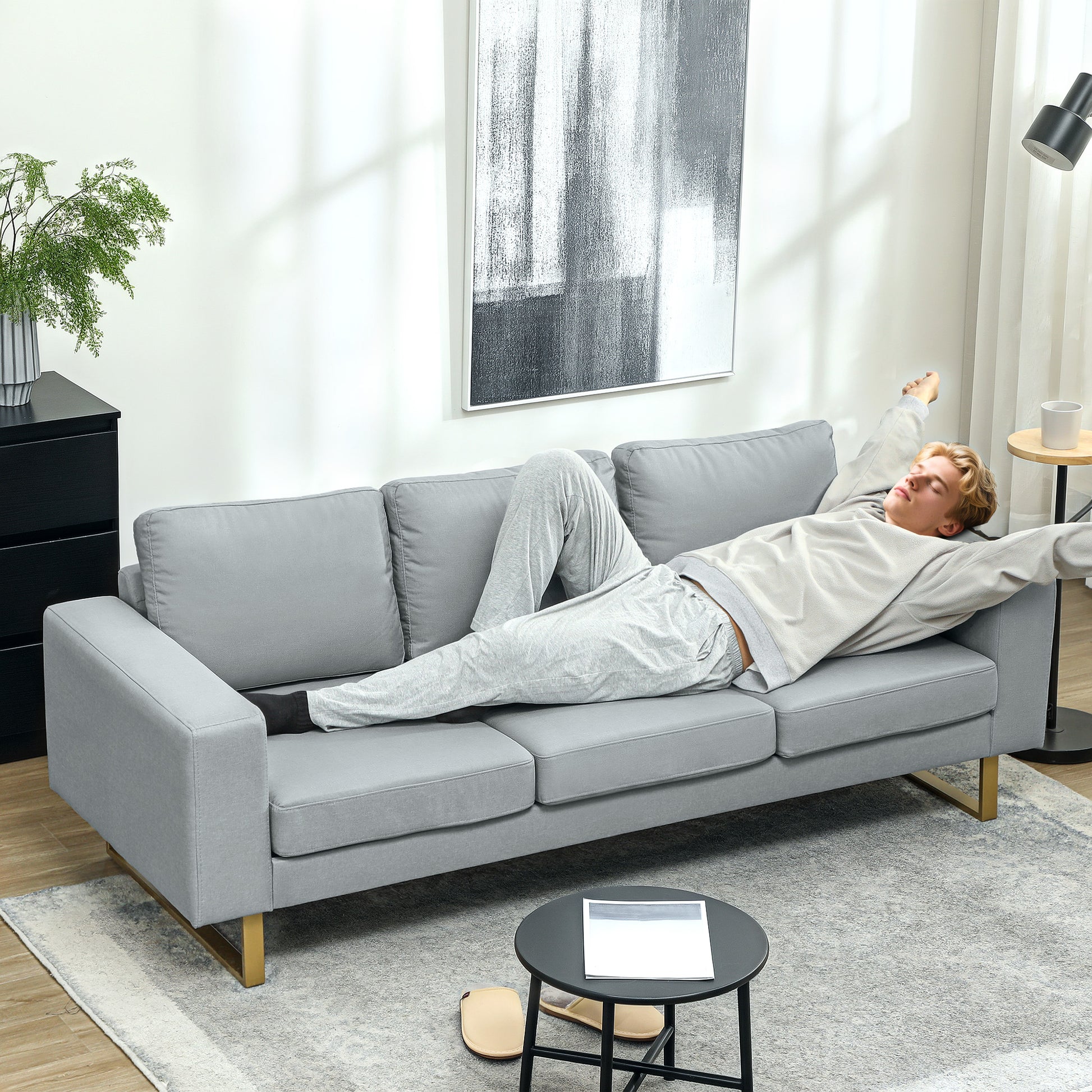 3 Seater Sofa Three-Seater Fabric Sofa with Cushions Armrest Linen Look for Bedroom 200 x 82 x 78 cm Light Gray