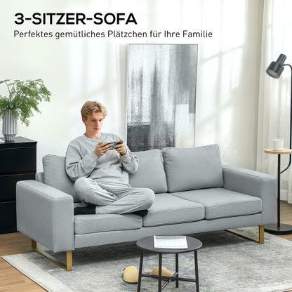 3 Seater Sofa Three-Seater Fabric Sofa with Cushions Armrest Linen Look for Bedroom 200 x 82 x 78 cm Light Gray
