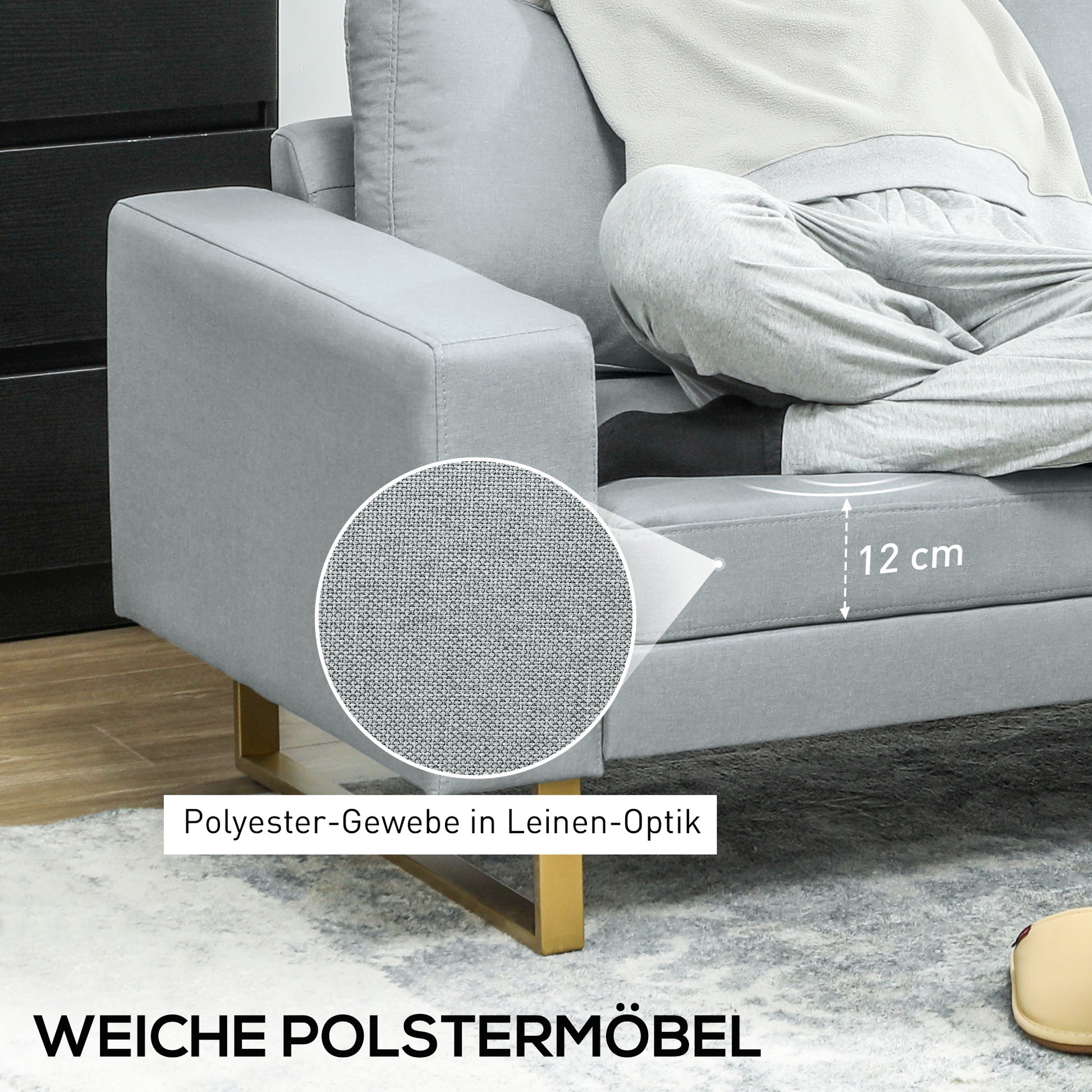 3 Seater Sofa Three-Seater Fabric Sofa with Cushions Armrest Linen Look for Bedroom 200 x 82 x 78 cm Light Gray