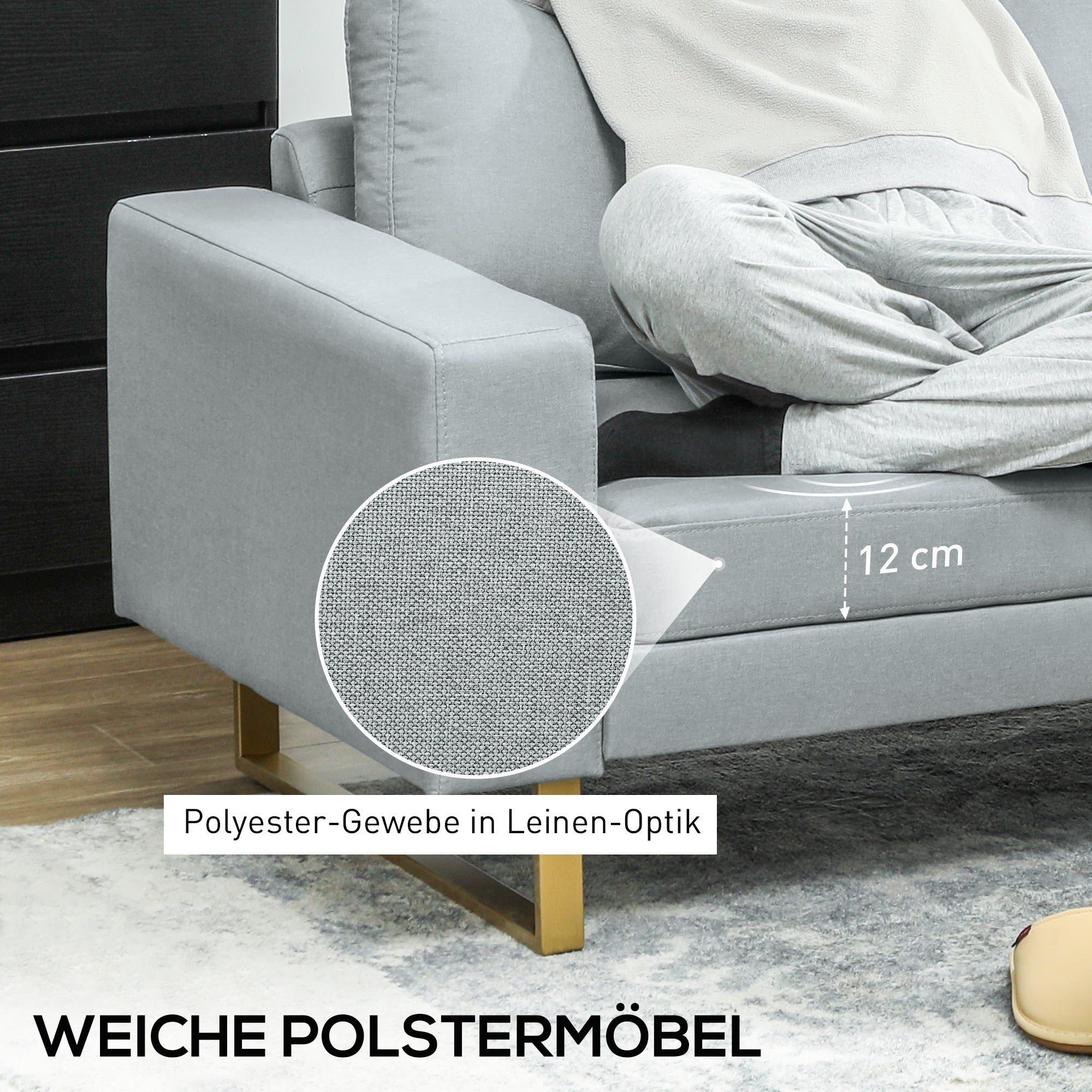 3 Seater Sofa Three-Seater Fabric Sofa with Cushions Armrest Linen Look for Bedroom 200 x 82 x 78 cm Light Gray