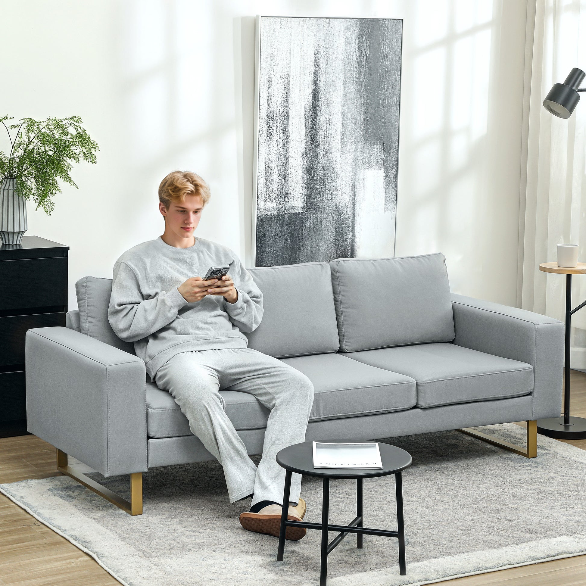 3 Seater Sofa Three-Seater Fabric Sofa with Cushions Armrest Linen Look for Bedroom 200 x 82 x 78 cm Light Gray