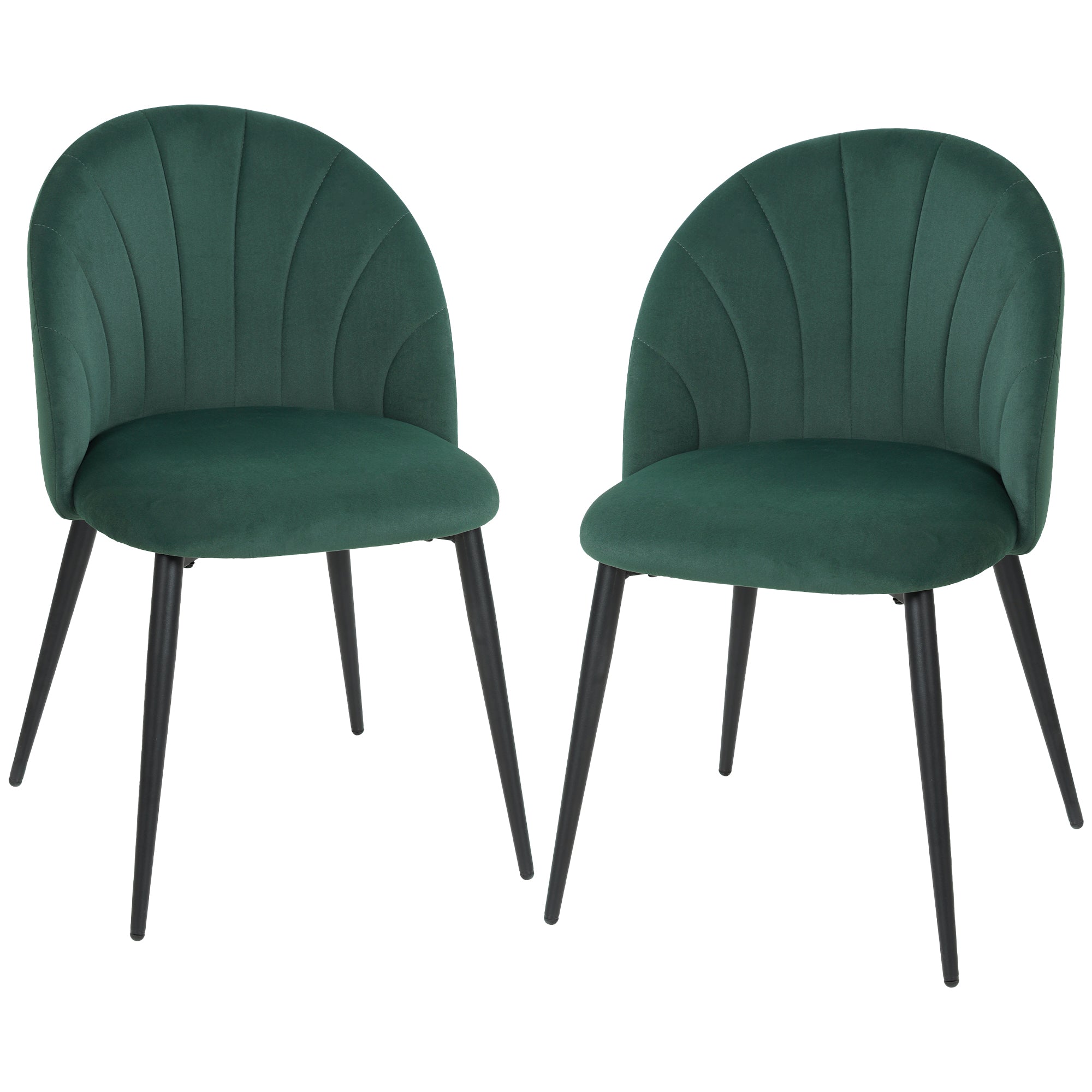 Set of 2 Dark Green Velvet Dining Chairs — Padded Armless Side Chairs with Steel Legs