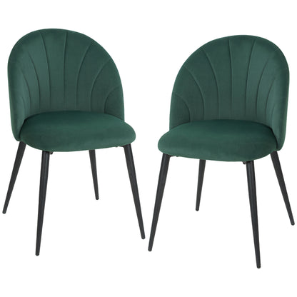 Set of 2 Dark Green Velvet Dining Chairs — Padded Armless Side Chairs with Steel Legs