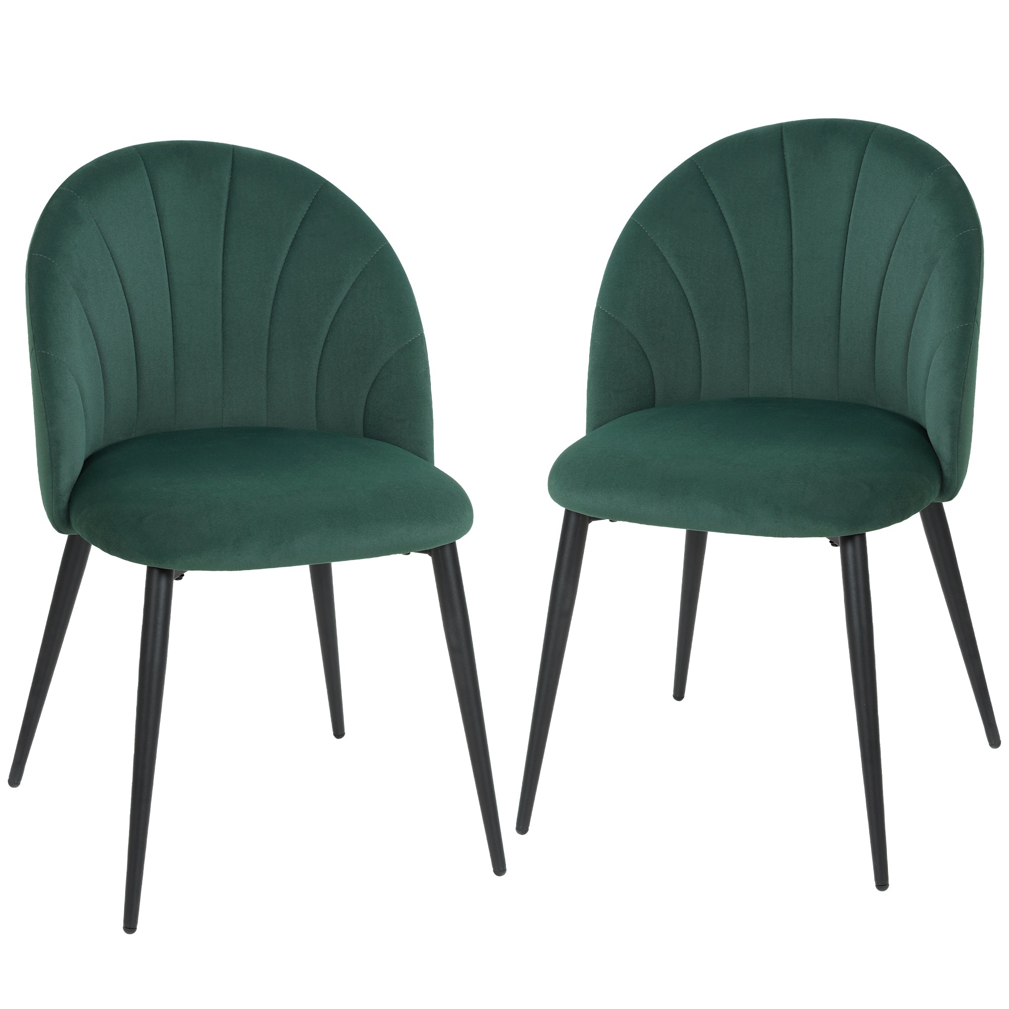 Set of 2 Dark Green Velvet Dining Chairs — Padded Armless Side Chairs with Steel Legs