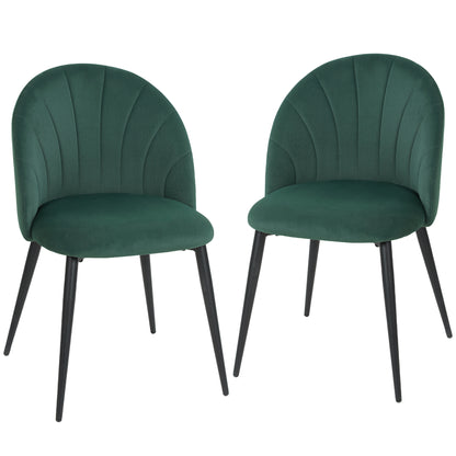 Set of 2 Dark Green Velvet Dining Chairs — Padded Armless Side Chairs with Steel Legs