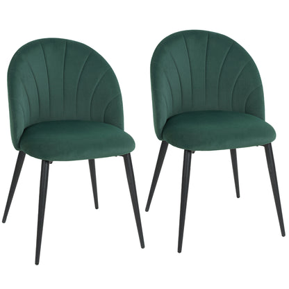 Set of 2 Dark Green Velvet Dining Chairs — Padded Armless Side Chairs with Steel Legs