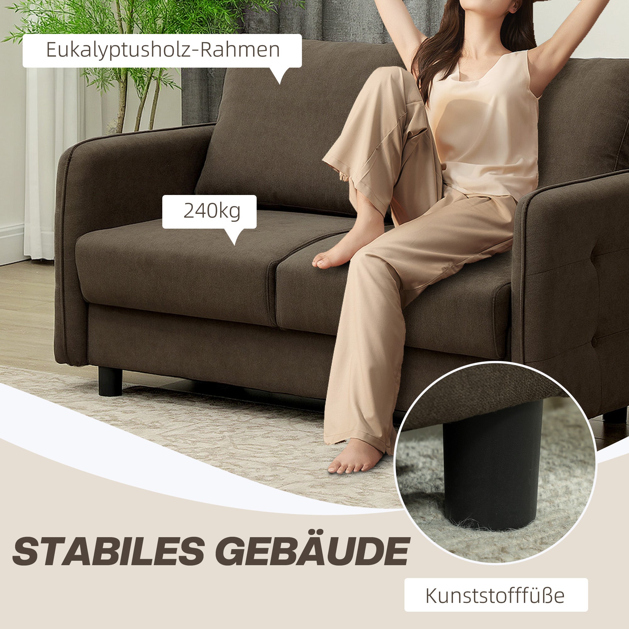 Sofa 2 Seater Modern Couch with Armrest, 2 Throw Pillows Upholstered Sofa with Storage Space S-springs and Elastic Bands, Small Lounge Sofa with Velvet Look for Living Room, 136 x 75 x 84 cm, Brown