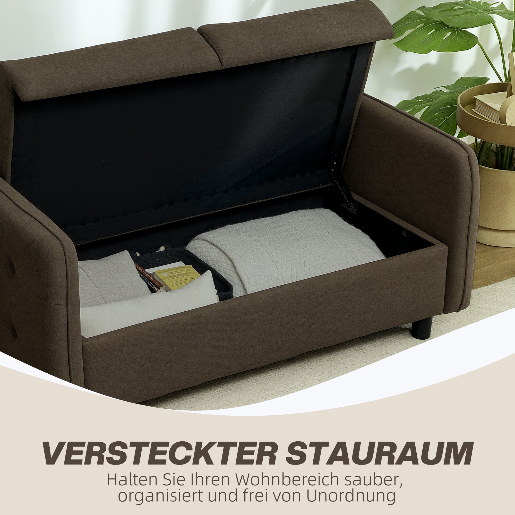 Sofa 2 Seater Modern Couch with Armrest, 2 Throw Pillows Upholstered Sofa with Storage Space S-springs and Elastic Bands, Small Lounge Sofa with Velvet Look for Living Room, 136 x 75 x 84 cm, Brown