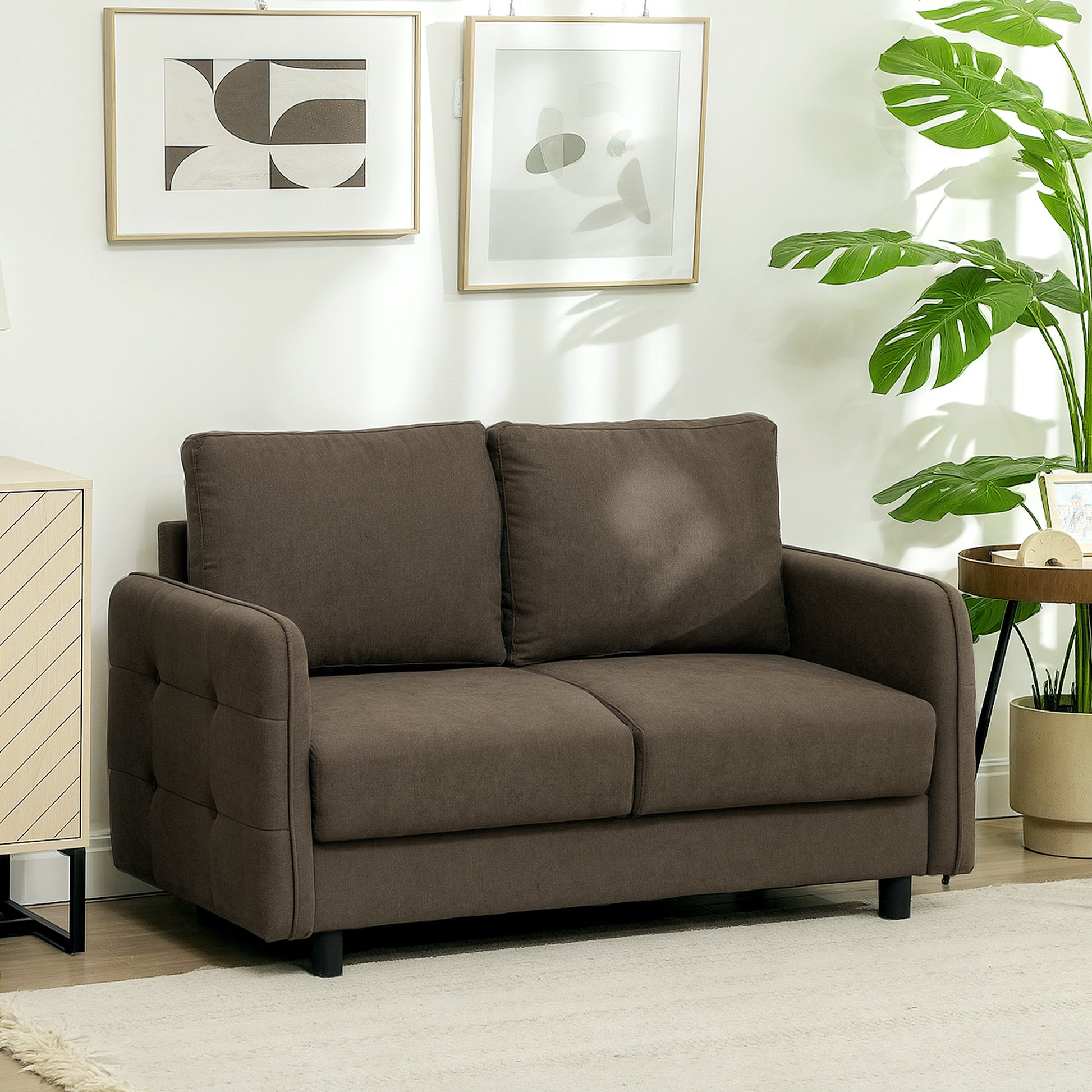Sofa 2 Seater Modern Couch with Armrest, 2 Throw Pillows Upholstered Sofa with Storage Space S-springs and Elastic Bands, Small Lounge Sofa with Velvet Look for Living Room, 136 x 75 x 84 cm, Brown