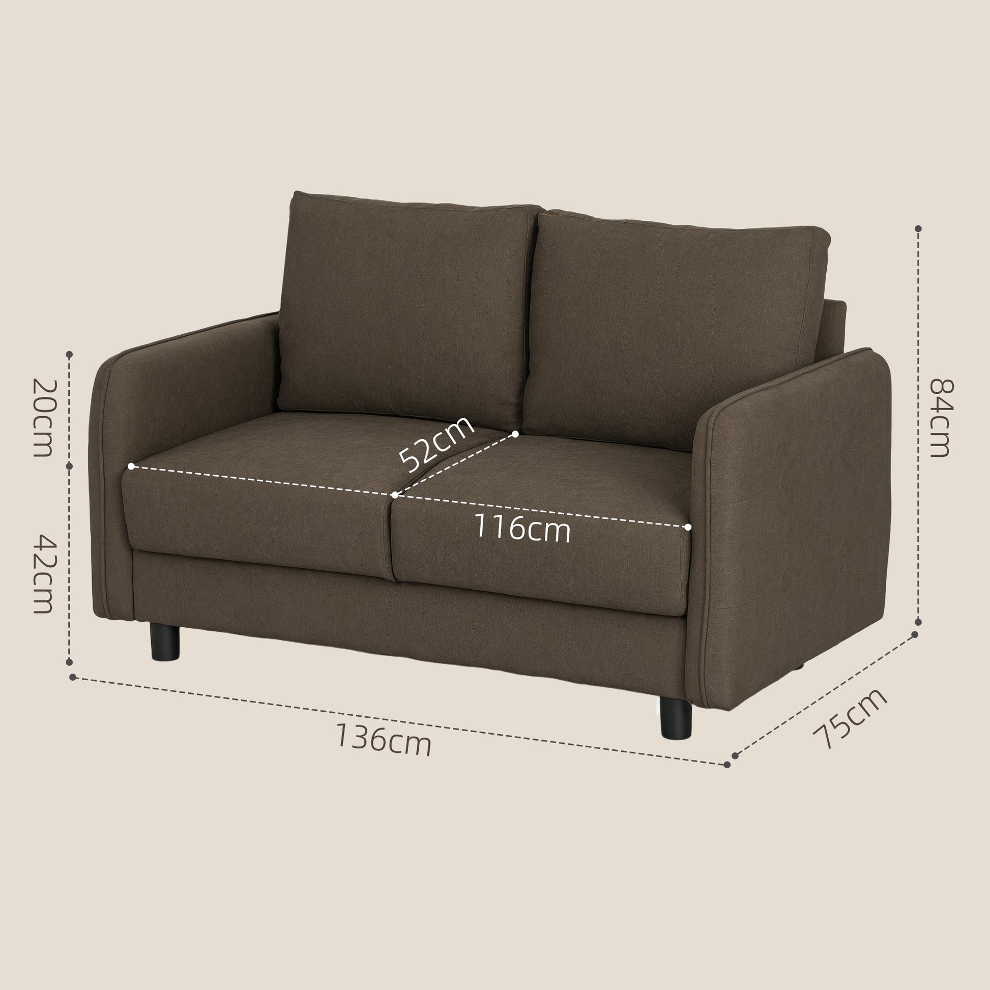 Sofa 2 Seater Modern Couch with Armrest, 2 Throw Pillows Upholstered Sofa with Storage Space S-springs and Elastic Bands, Small Lounge Sofa with Velvet Look for Living Room, 136 x 75 x 84 cm, Brown