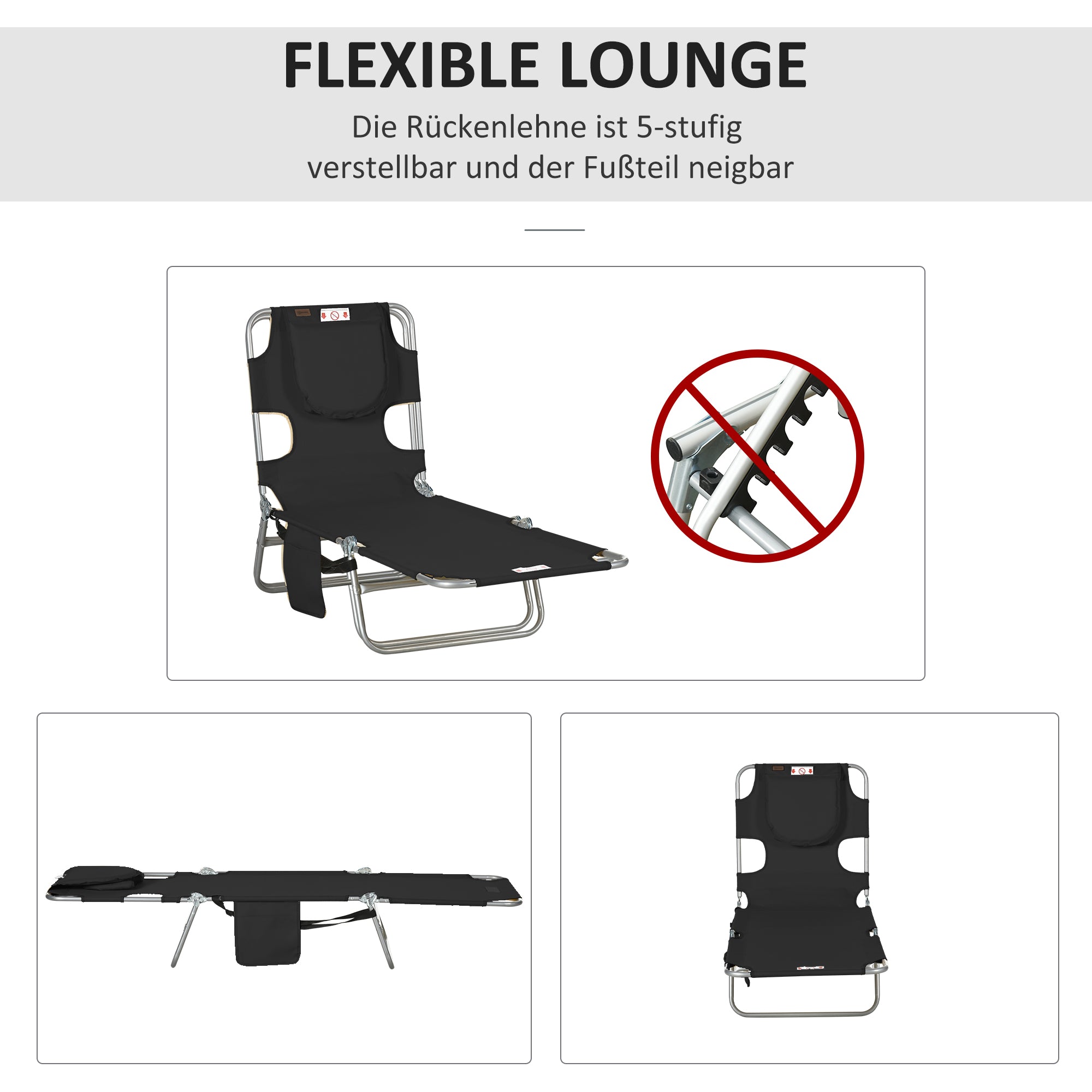 Folding Sun Lounger with Face Hole & Pillow — 5-Position Adjustable Backrest, Weather-Resistant Camping/Garden Chair, Up to 120 kg (≈265 lb), for Garden, Beach, Pool — Black