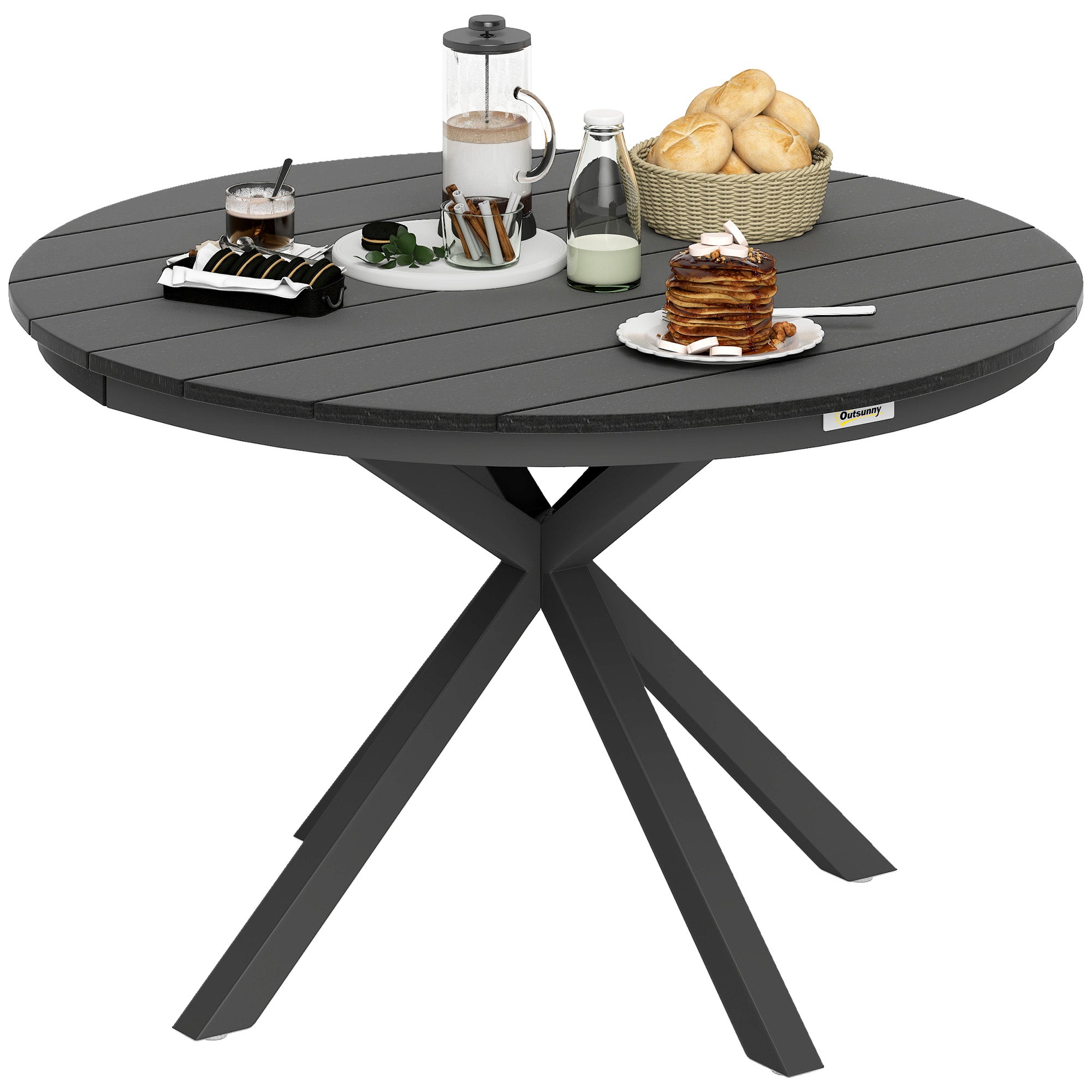 Garden Dining Table, Round Garden Table Ø 118 cm with Aluminum Frame, Wood-Effect Tabletop, and Adjustable Foot Pads, for Balcony, Porch, Patio, Black