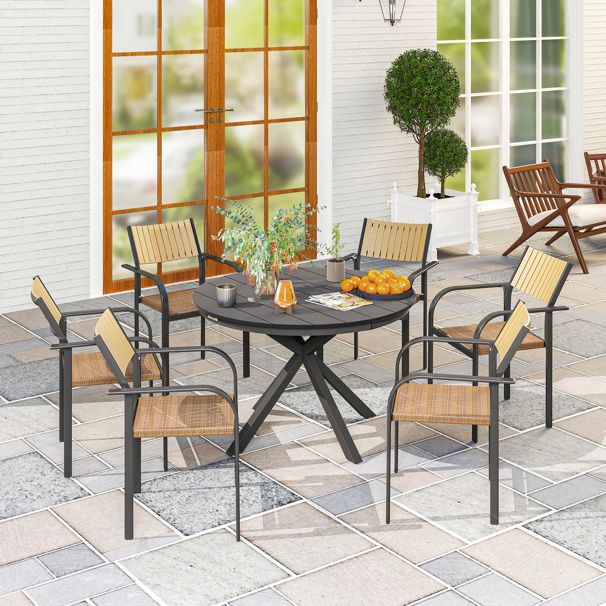 Garden Dining Table, Round Garden Table Ø 118 cm with Aluminum Frame, Wood-Effect Tabletop, and Adjustable Foot Pads, for Balcony, Porch, Patio, Black