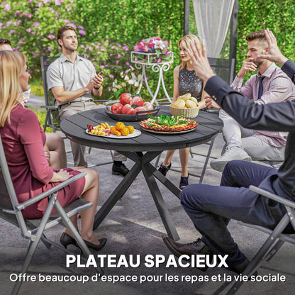 Garden Dining Table, Round Garden Table Ø 118 cm with Aluminum Frame, Wood-Effect Tabletop, and Adjustable Foot Pads, for Balcony, Porch, Patio, Black