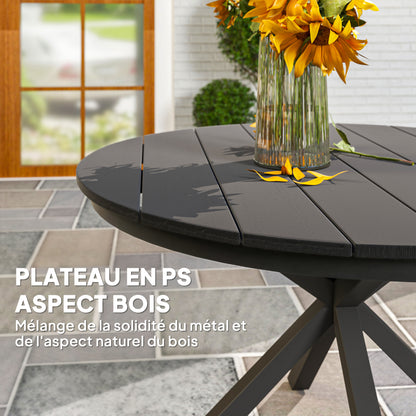 Garden Dining Table, Round Garden Table Ø 118 cm with Aluminum Frame, Wood-Effect Tabletop, and Adjustable Foot Pads, for Balcony, Porch, Patio, Black