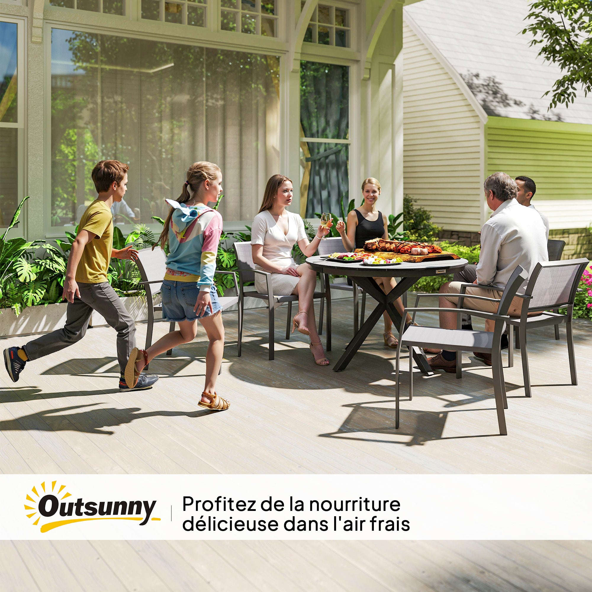 Garden Dining Table, Round Garden Table Ø 118 cm with Aluminum Frame, Wood-Effect Tabletop, and Adjustable Foot Pads, for Balcony, Porch, Patio, Black