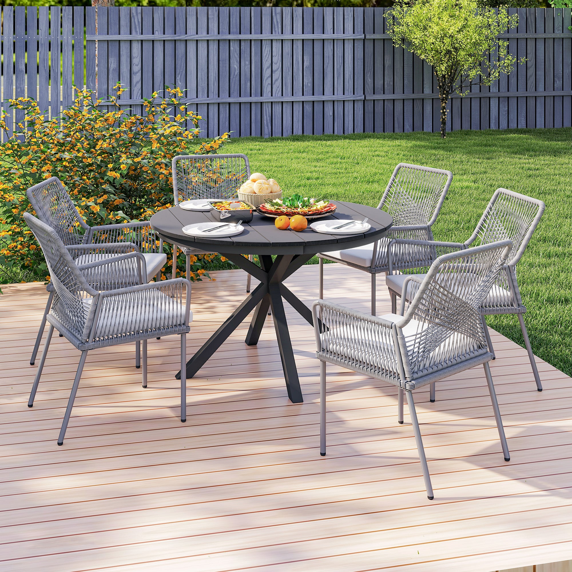 Garden Dining Table, Round Garden Table Ø 118 cm with Aluminum Frame, Wood-Effect Tabletop, and Adjustable Foot Pads, for Balcony, Porch, Patio, Black