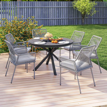 Garden Dining Table, Round Garden Table Ø 118 cm with Aluminum Frame, Wood-Effect Tabletop, and Adjustable Foot Pads, for Balcony, Porch, Patio, Black