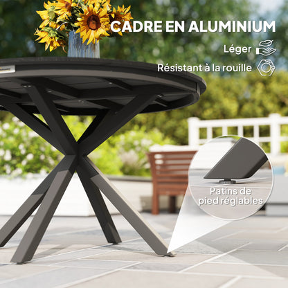 Garden Dining Table, Round Garden Table Ø 118 cm with Aluminum Frame, Wood-Effect Tabletop, and Adjustable Foot Pads, for Balcony, Porch, Patio, Black
