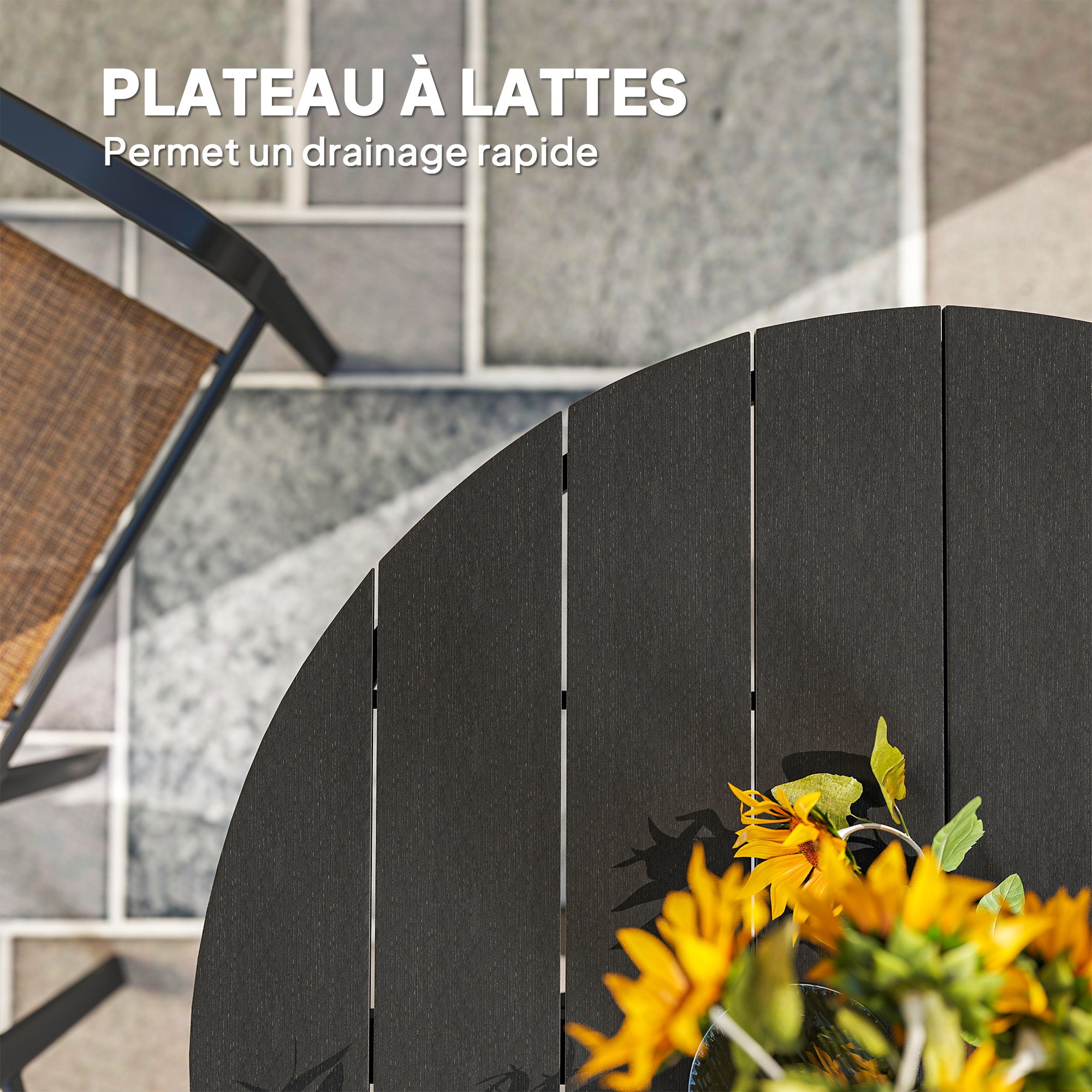 Garden Dining Table, Round Garden Table Ø 118 cm with Aluminum Frame, Wood-Effect Tabletop, and Adjustable Foot Pads, for Balcony, Porch, Patio, Black