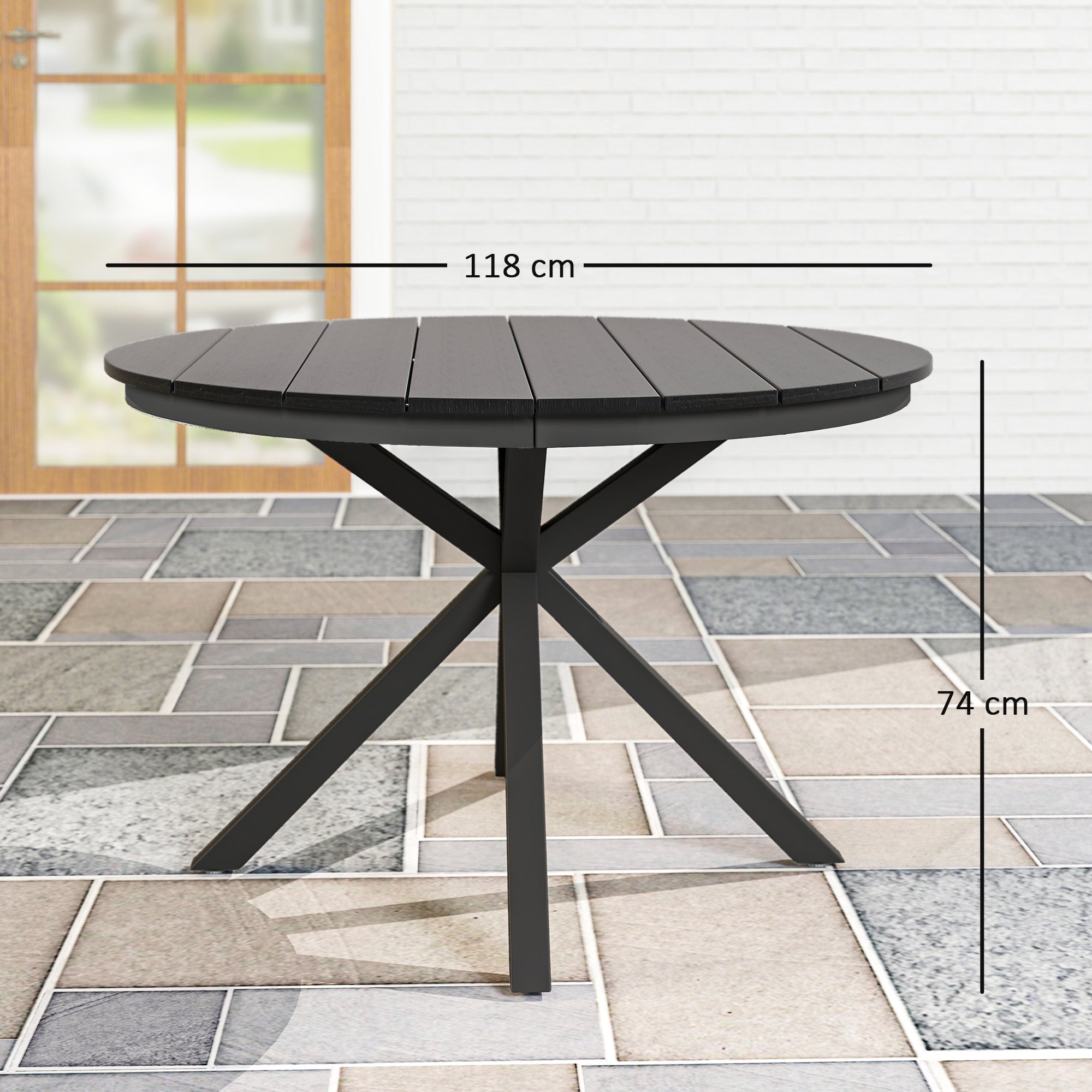 Garden Dining Table, Round Garden Table Ø 118 cm with Aluminum Frame, Wood-Effect Tabletop, and Adjustable Foot Pads, for Balcony, Porch, Patio, Black