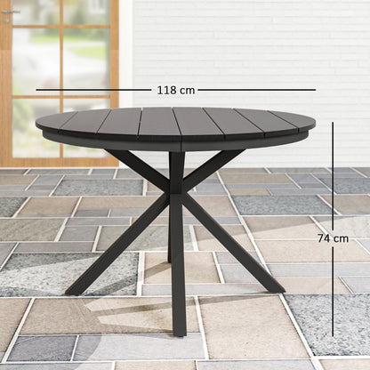 Garden Dining Table, Round Garden Table Ø 118 cm with Aluminum Frame, Wood-Effect Tabletop, and Adjustable Foot Pads, for Balcony, Porch, Patio, Black