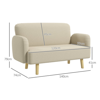 2-Seater Modern Scandinavian Fabric Sofa with Armrests, 2-Seater Sofa with 21 cm Padding Wooden Legs for Living Room, Lounge, Home and Office, 140x74x79 cm, Cream