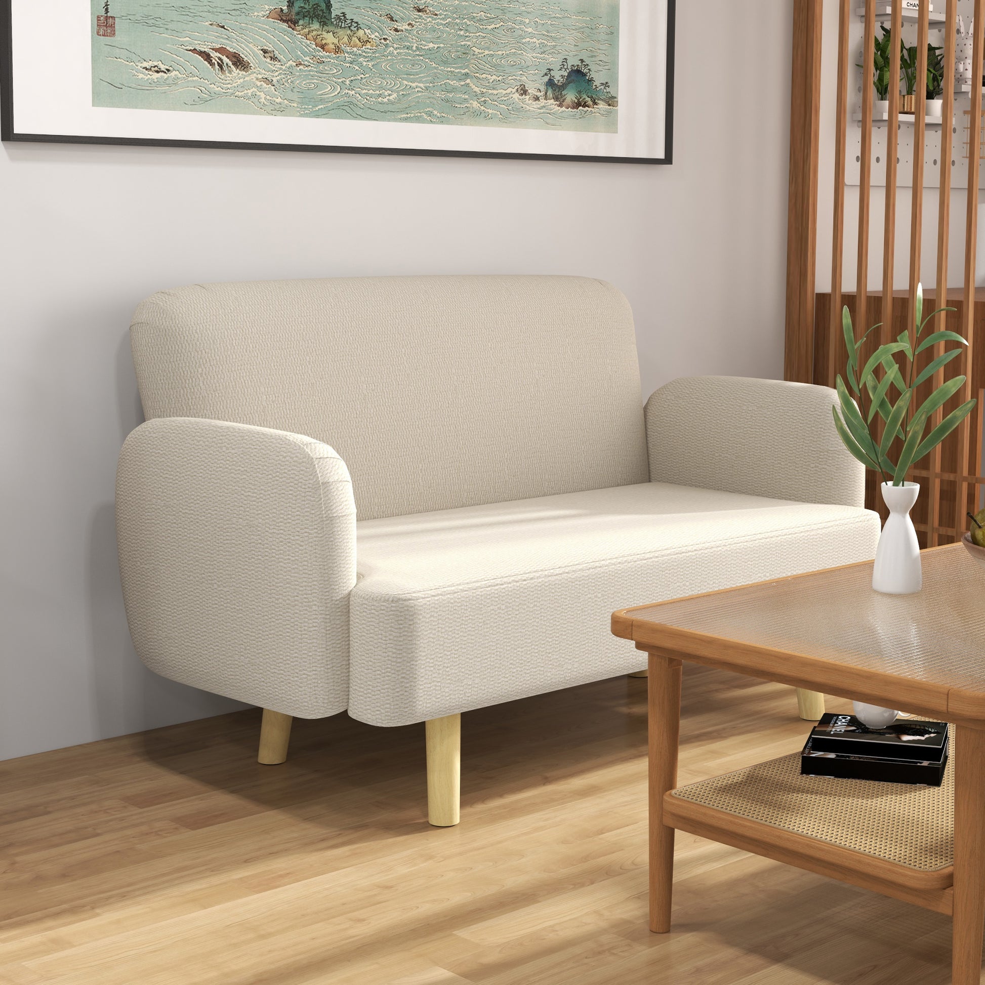 2-Seater Modern Scandinavian Fabric Sofa with Armrests, 2-Seater Sofa with 21 cm Padding Wooden Legs for Living Room, Lounge, Home and Office, 140x74x79 cm, Cream