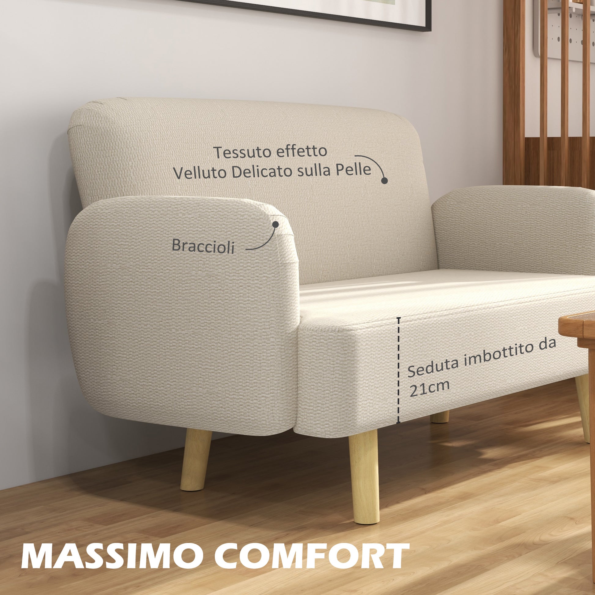 2-Seater Modern Scandinavian Fabric Sofa with Armrests, 2-Seater Sofa with 21 cm Padding Wooden Legs for Living Room, Lounge, Home and Office, 140x74x79 cm, Cream